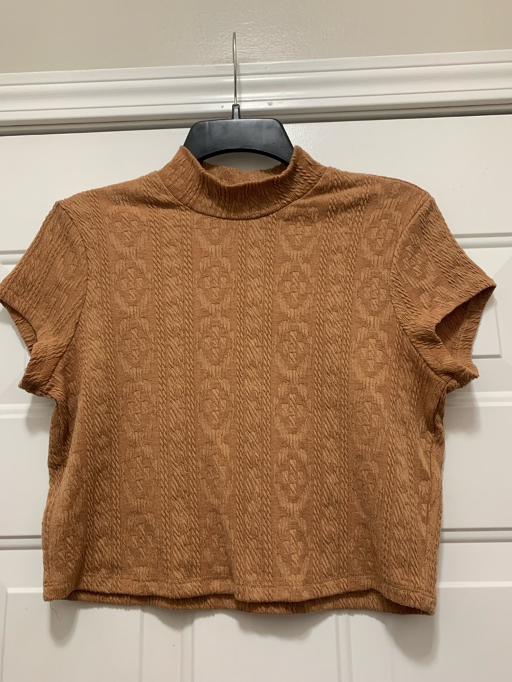 4/$10 Freshman Mock Neck Short Sleeve Baby Cropped Tee Top - Camel Size Large